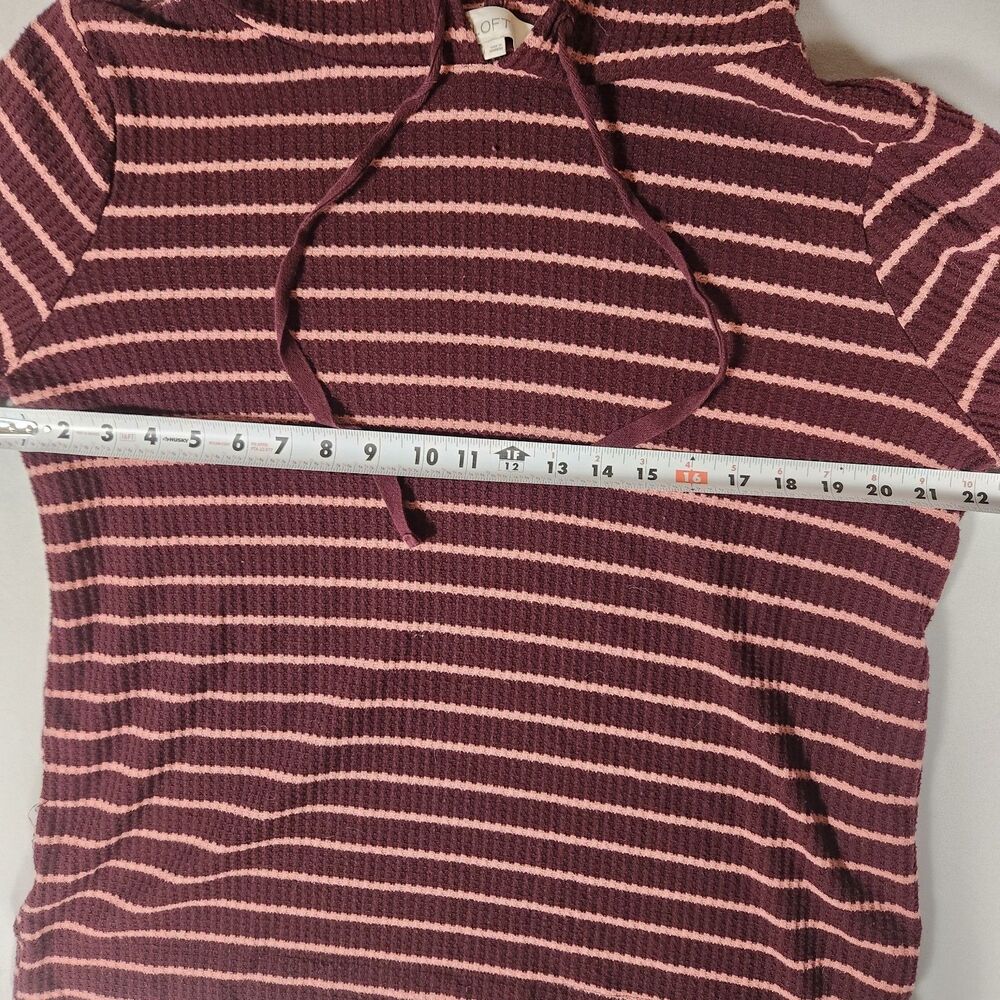 LOFT Women's L Maroon Pink Striped Waffle Knit Hooded Knit Top Hoodie - Picture 5 of 8